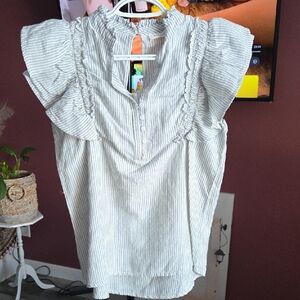 MELISSA NEPTON Grayish Sage Striped Ruffle Blouse